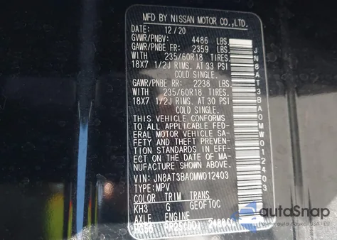 2021 Nissan Rogue Sv Fwd z USA, uszkodzony, nr VIN JN8AT3BA0MW012403